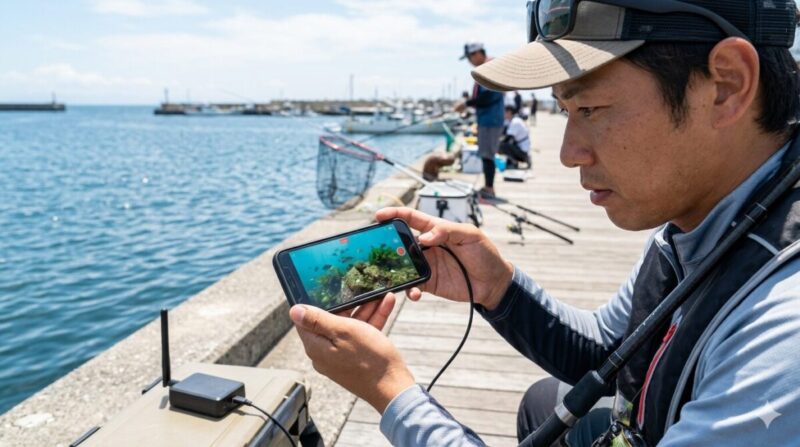 スマートフォンとレシーバーで水中映像を見る釣り人