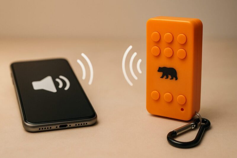 スマートフォンと携帯ホーンが並び、音波の表現で音量の違いを示す抽象的な写真