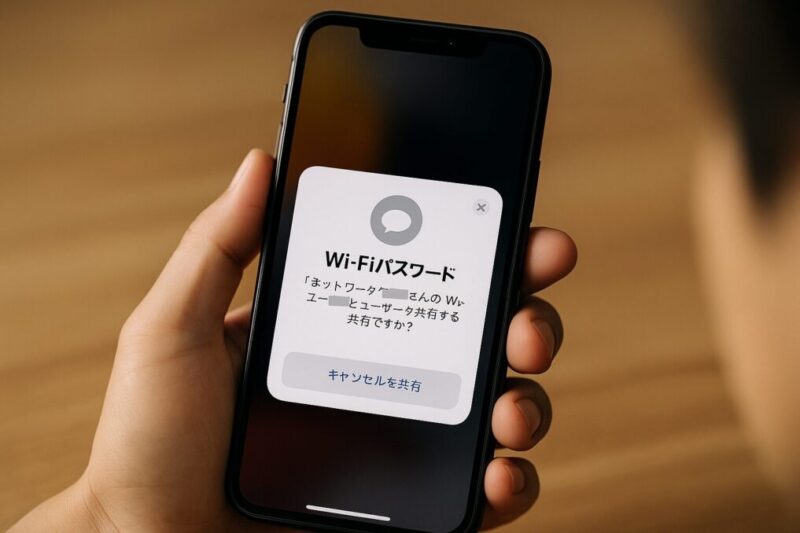 スマートフォンに、Wi-Fiパスワードを共有する汎用ダイアログが表示された場面