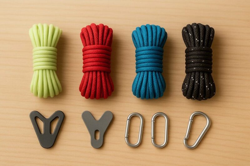 セリアの視認性・カラー系を想起させるラインナップ例として、色違いのロープとV字プラ自在、軽量カラビナを整然と配置したフラットレイ写真。
