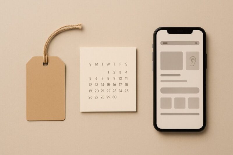 セール周期とEC相場を連想させる、価格タグとカレンダー、抽象UIのスマホを並べた静物写真。
