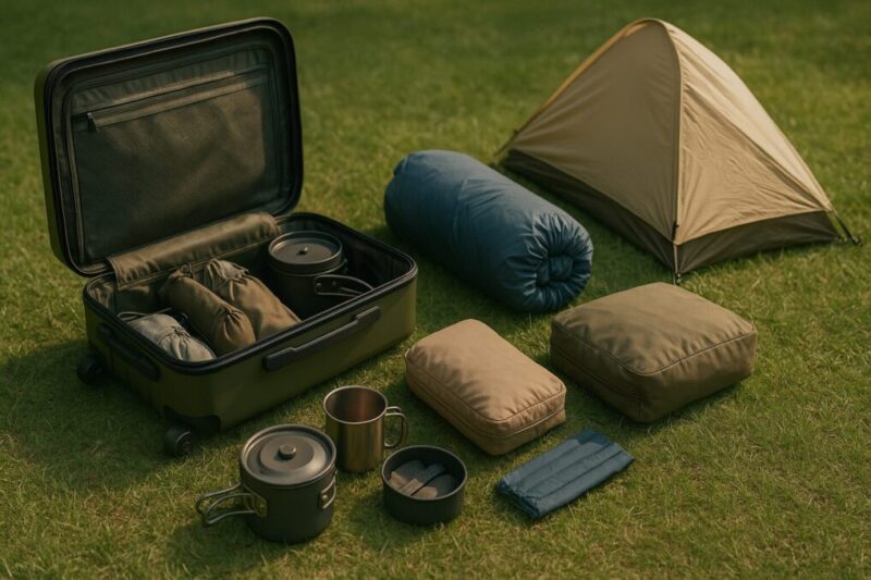 ソロキャンプ装備一式をキャンプ用キャリーケースの周りに並べて容量の目安を示している様子