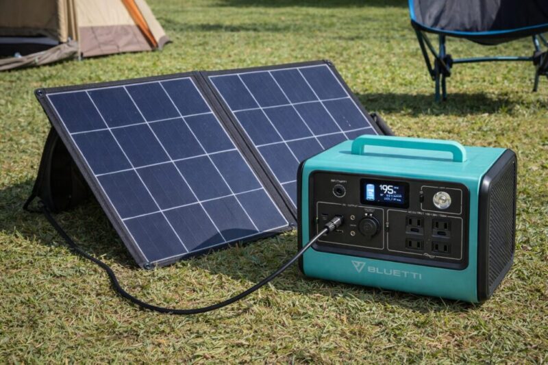 ソーラーパネルでポータブル電源を充電するアウトドアのイメージ