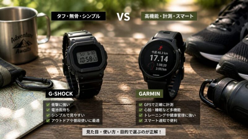タフな角型デジタル時計と丸型スポーツウォッチをアウトドア用途で比較するイメージ。