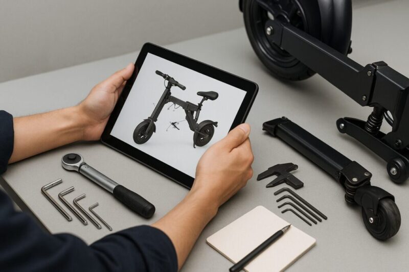 タブレットの図面を見ながら折りたたみ電動バイクのヒンジを整備準備する日本人の手元イメージ