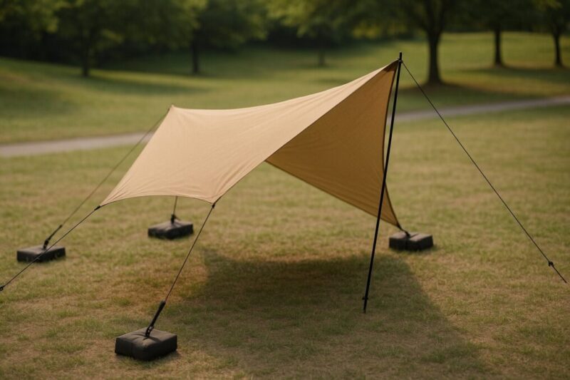タープをペグなしで使わざるを得ない時の最小構成。