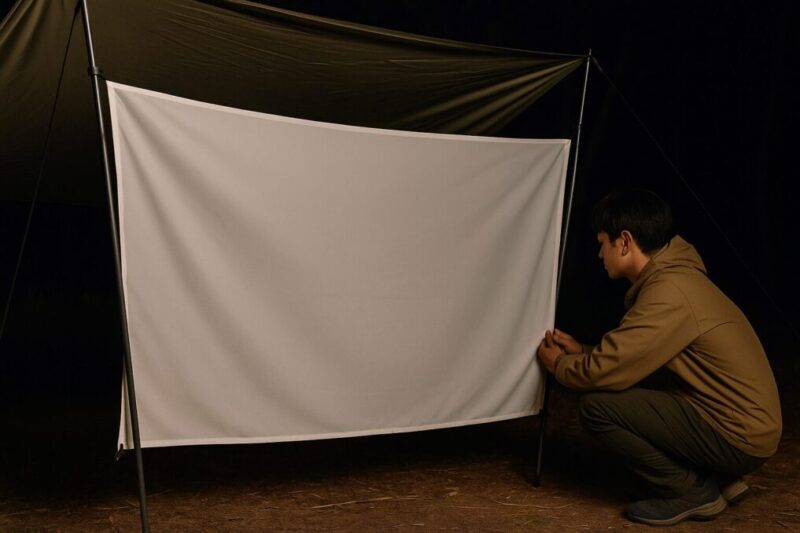 タープ下で伸縮ポールと白布を使い、キャンプ用の自作スクリーンを組み立てる日本人キャンパー。