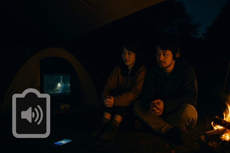 タープ下で内向き小画面に投影し、ヘッドホンで静かに映画を楽しむ日本人カップル。外部への光漏れと音量を抑えた設営例。