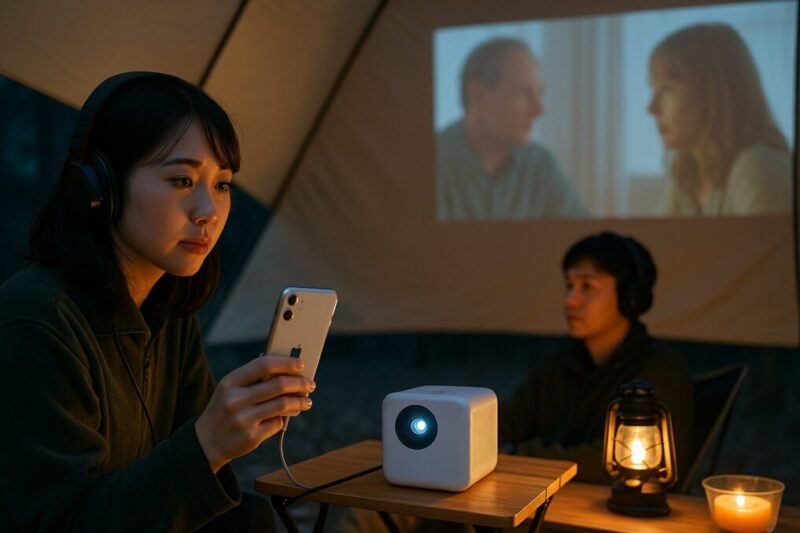 タープ下で小型プロジェクターをポータブル電源に有線接続し、配線を養生して安全確認する日本人キャンパーの夜景。