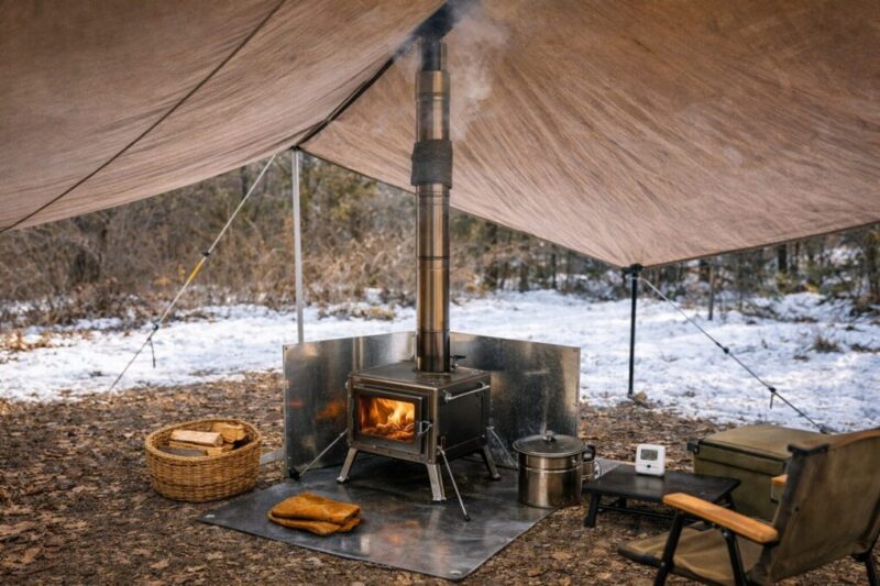 タープ下で薪ストーブを使う際に煙突の抜けと距離を確保している様子