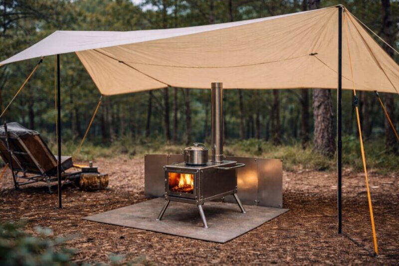 タープ下で薪ストーブを使う際に煙突の抜けと距離を確保している様子。