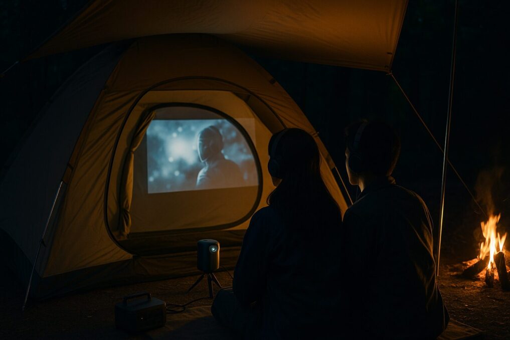 タープ内で小画面を内向き投影し、ヘッドホンで静かに映画を楽しむ日本人カップル。焚き火は横、機材は無地で安全配置。