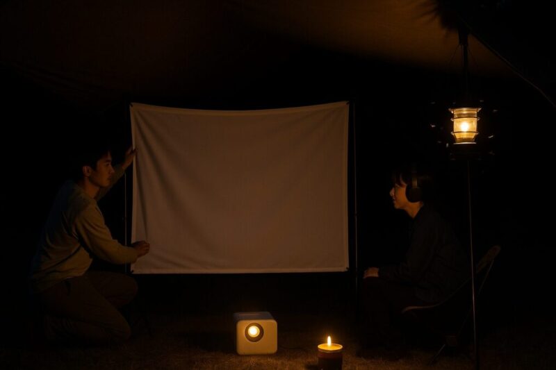 タープ内で暖色照明をスクリーンから離して配置し、虫の寄りを抑えながらヘッドホンで映画を楽しむ日本人カップル。