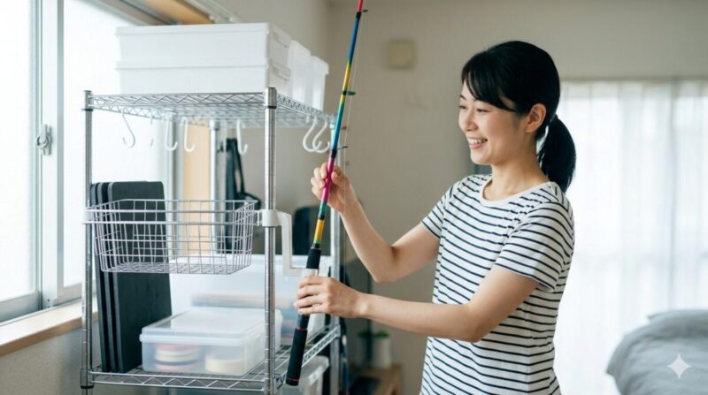 ダイソーのグッズと木材で作った釣竿収納の様子