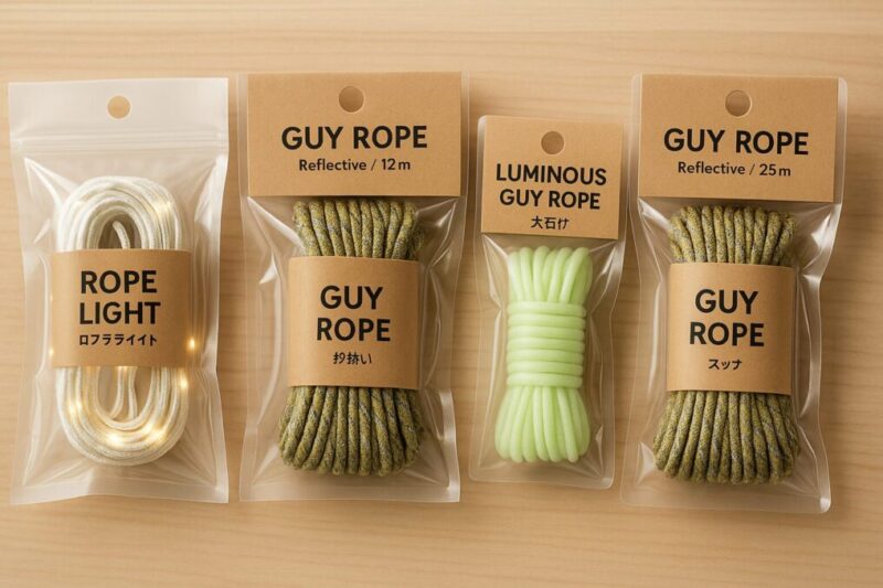 ダイソーの売り場イメージとして、12m25mの反射ロープと夜光ロープ、ロープライトを無地パッケージで並べた静物写真。