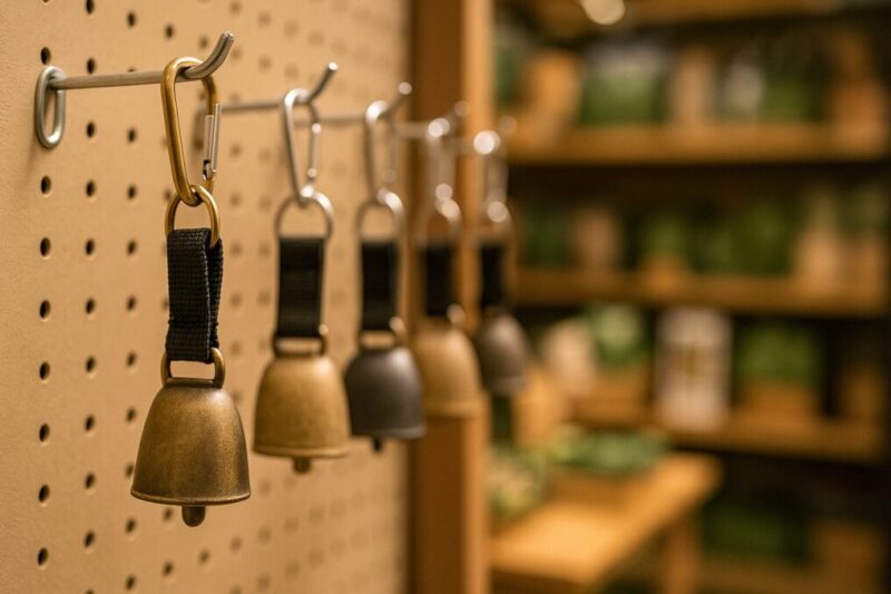 ダイソーの季節棚をイメージした売り場で、フックに並ぶノンロゴの熊鈴イメージ