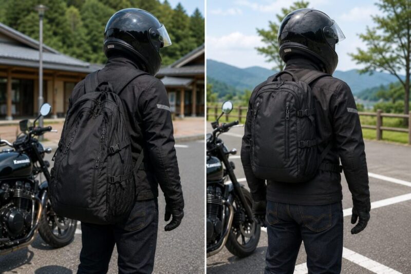 ツーリングリュックが低く下がった背負い方と背中にすっきり収まった背負い方を比較する様子