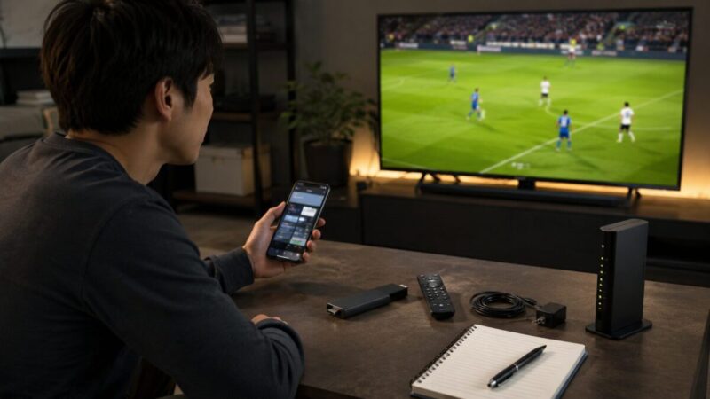 テレビのスポーツ中継を見ながら、スマートフォンで契約や視聴準備を確認する男性とストリーミング端末一式
