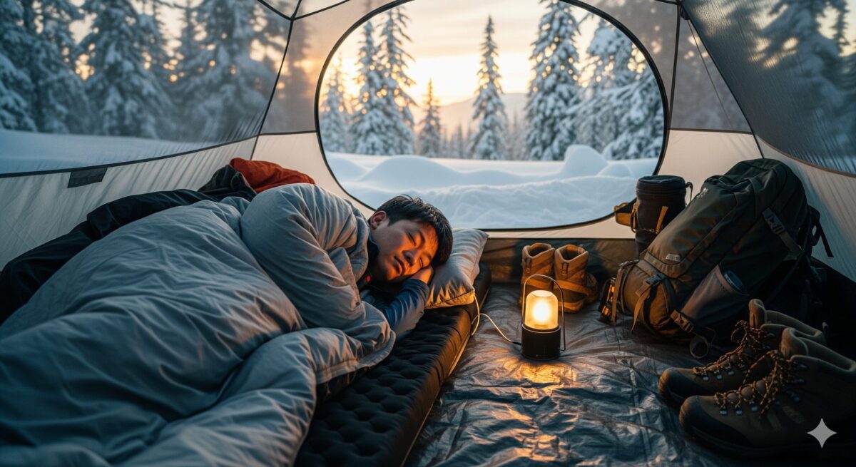 テントの中で厚みのある高機能キャンプマットに横たわり、温かな寝袋に包まれてぐっすりと眠る日本人男性。