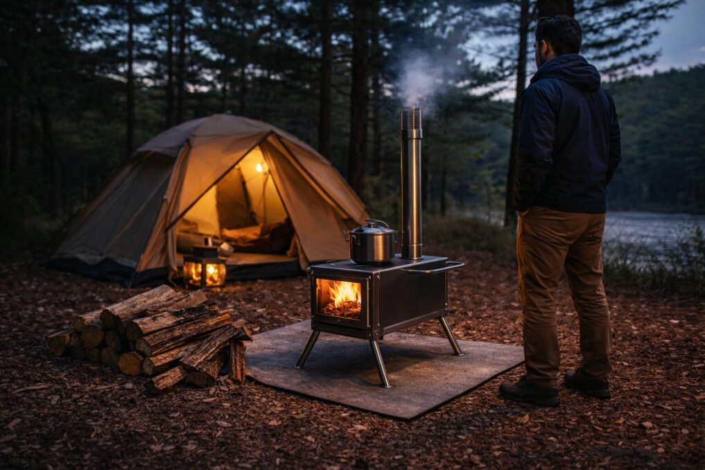 テントの外で薪ストーブを安全に設置し、距離と耐熱対策をしているキャンプ風景。