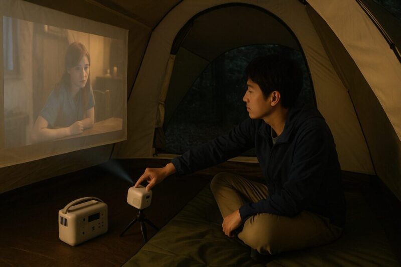 テント内で白布スクリーンに近距離投影し、ポータブル電源と接続して安全に視聴する日本人キャンパーの夜のシーン。