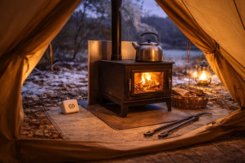 テント内で薪ストーブを安全装備つきで運用している冬キャンプのイメージ。