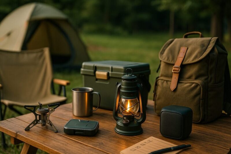 テント前のテーブルに並べられたランタンやクーラーボックスなどアウトドア返礼品をイメージしたキャンプ用品一式