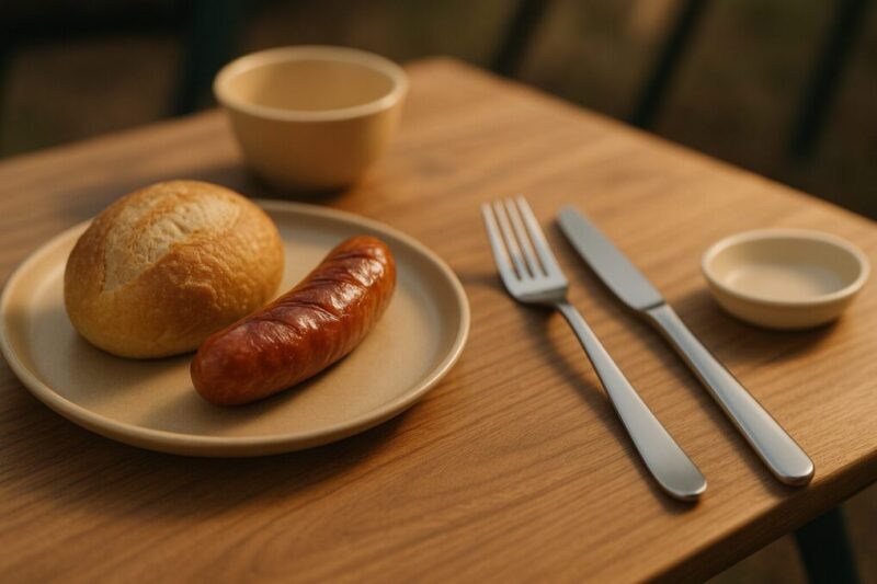 テーブルナイフとフォークで取り分けをするキャンプ食事のイメージ