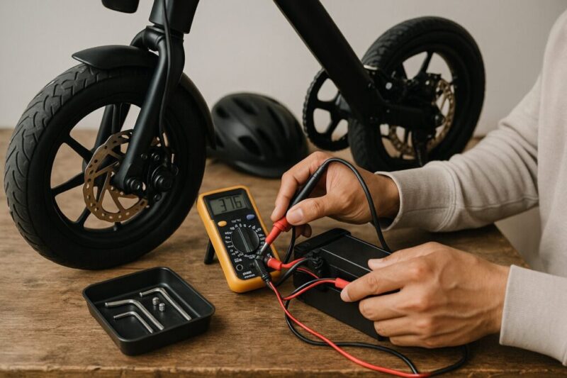 デジタルテスターで電動バイクのバッテリー電圧を点検している様子イメージ