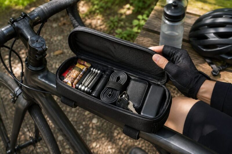 トップチューブバッグに補給食や工具などの小物を収納するイメージ