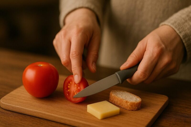 トマトやパンなど軽い食材で切れ味の目安を示す調理シーン