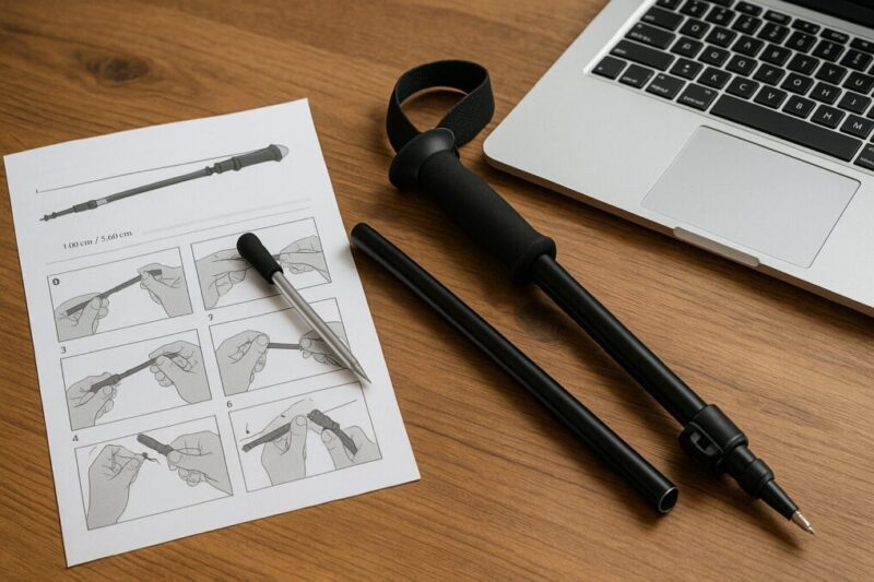 トレッキングポールと保証書、ノートPCのサポート画面を前に修理に出すか検討しているイメージ。