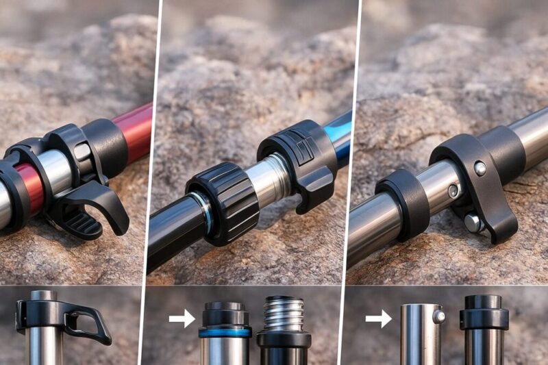 トレッキングポールのロック構造を比較した、レバーロック・スクリュー・ピンロックのディテール写真。