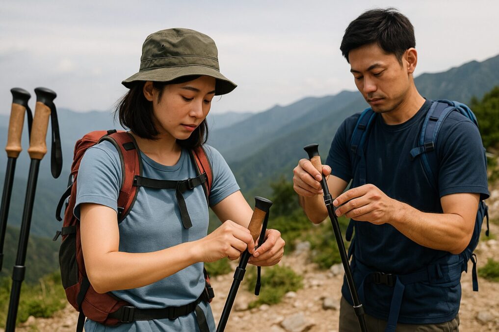 トレッキングポールの長さとロックを確認しながら、安全に登山を楽しむハイカーのイメージ。