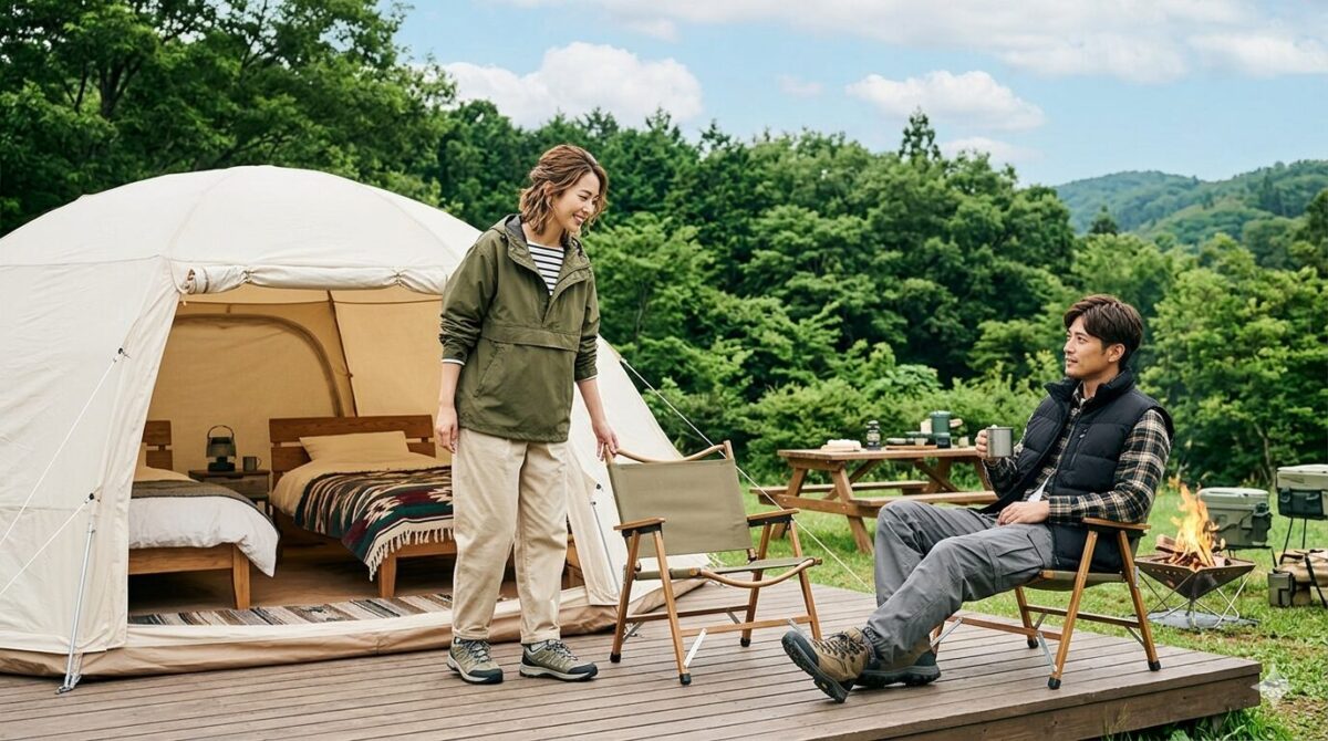 ドームテント前のウッドデッキで、日本人カップルがリラックスしたひとときを過ごす様子