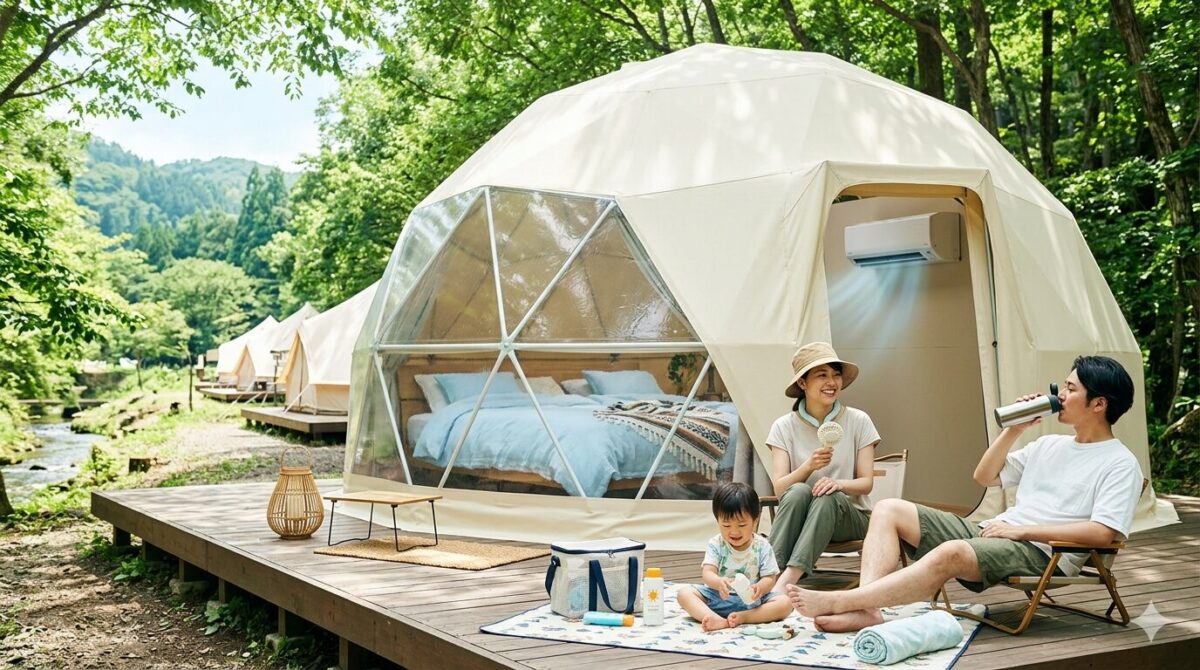 ドームテント前のウッドデッキで、日本人ファミリーが笑顔でリラックスしている様子。