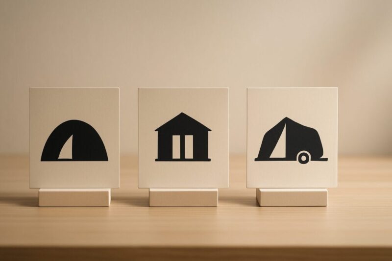 ドーム・キャビン・カーサイドの3タイプをアイコンで比較したイメージ