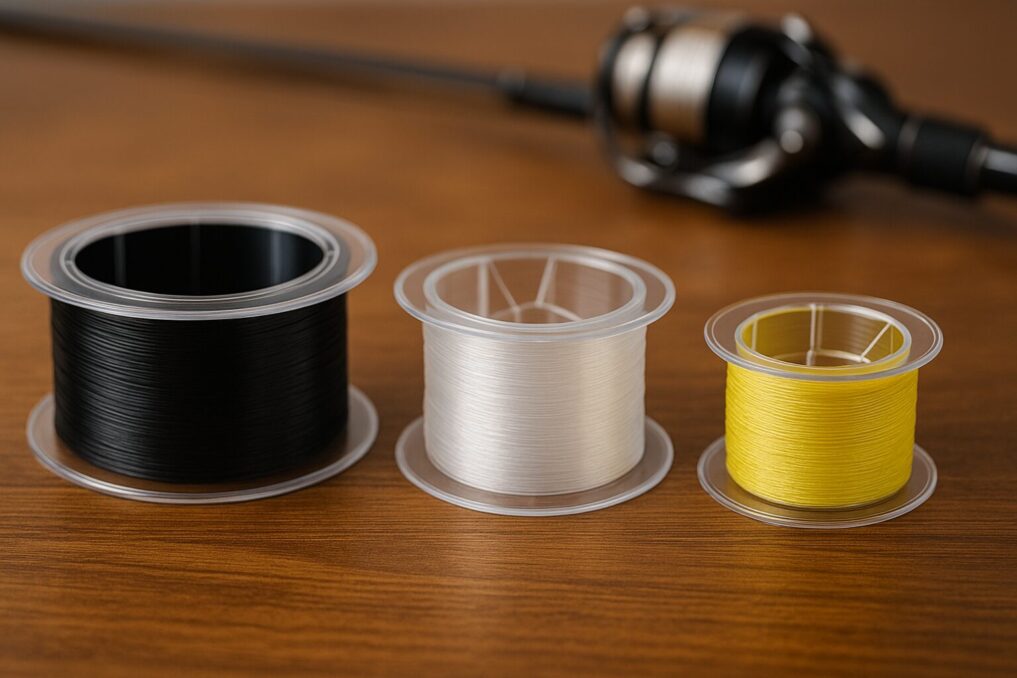 ナイロン・フロロ・PEラインの無地スプールを並べて、釣り糸メーカーとOEMのイメージを表した写真