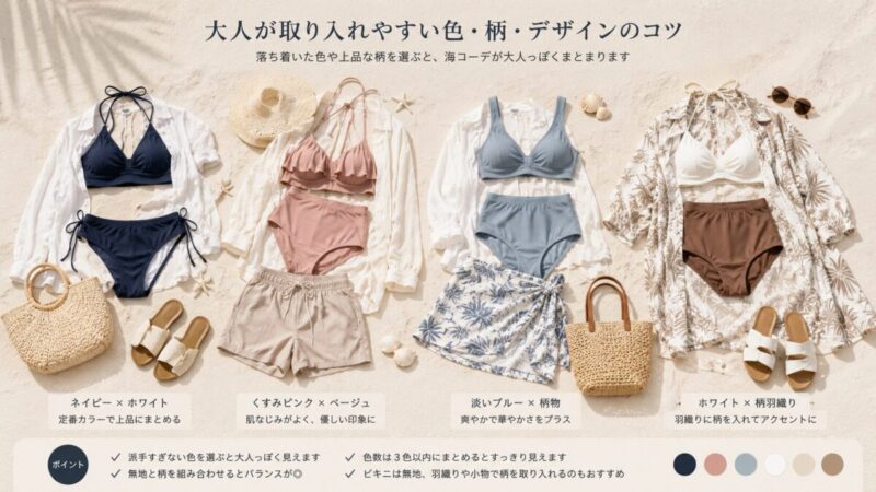 ネイビー、くすみピンク、淡いブルー、白を基調にした水着と羽織り、バッグ、サンダルの海水浴コーディネート例