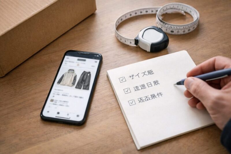 スマホで購入者レビューを確認しながら、スノーボードウェアの候補を比較検討しているデスクのイメージ