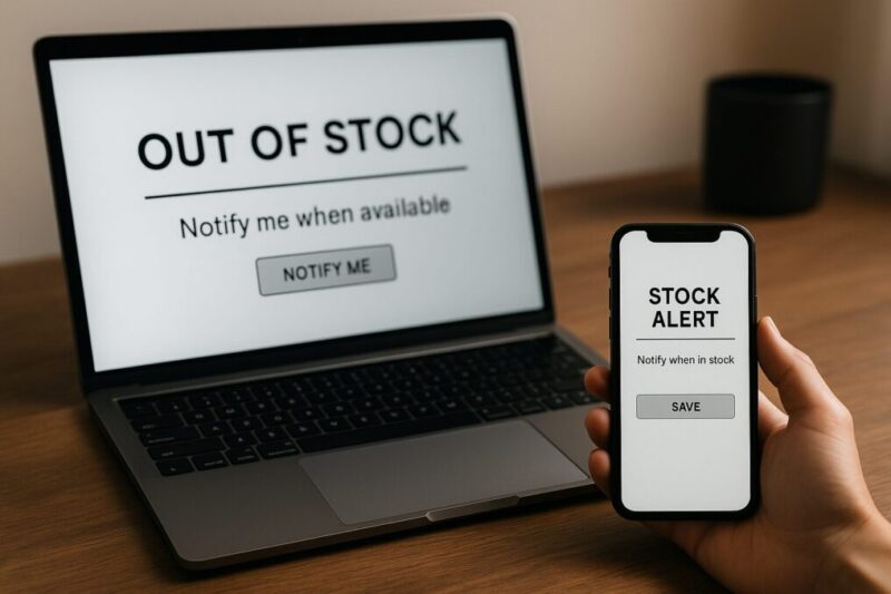 ノートPCとスマホの画面で入荷通知と在庫チェックを設定しているイメージ。