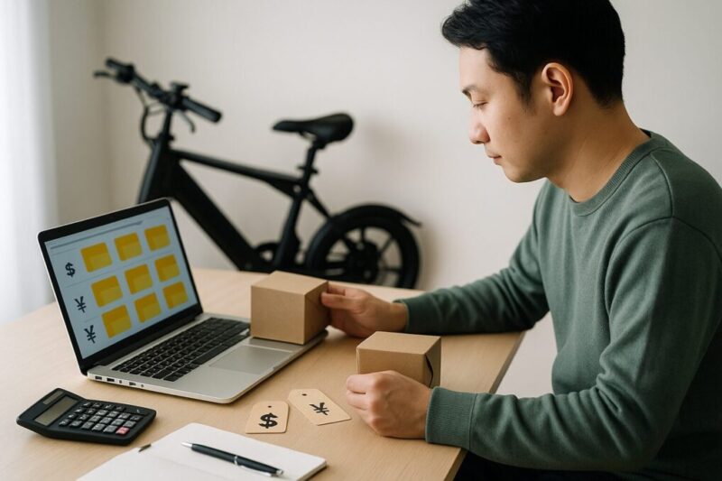 ノートPCと電卓でAioonの新品・中古価格を比較検討している場面イメージ