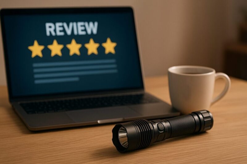ノートPC画面にレビューの星評価アイコン、その前にライトとコーヒーカップを置いた“レビュー中”の静物。