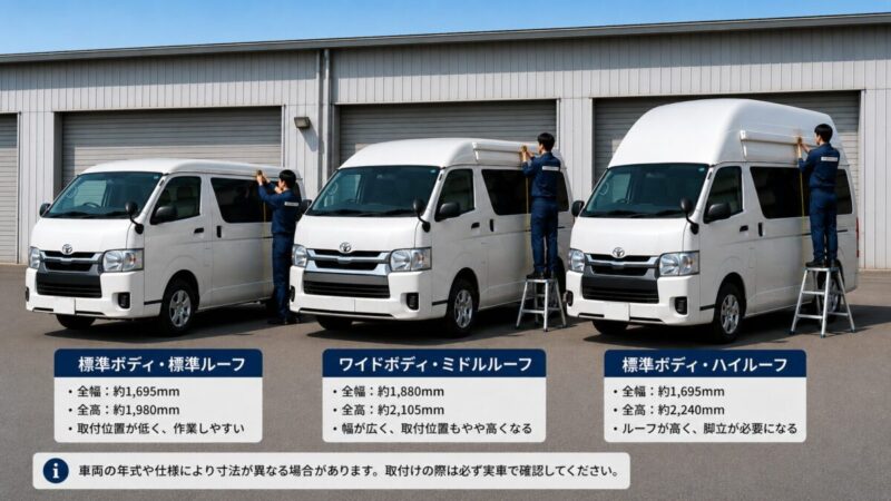 ハイエースの標準ボディ・ワイドボディ・ハイルーフ別にサイドオーニングの取付条件を比較する様子