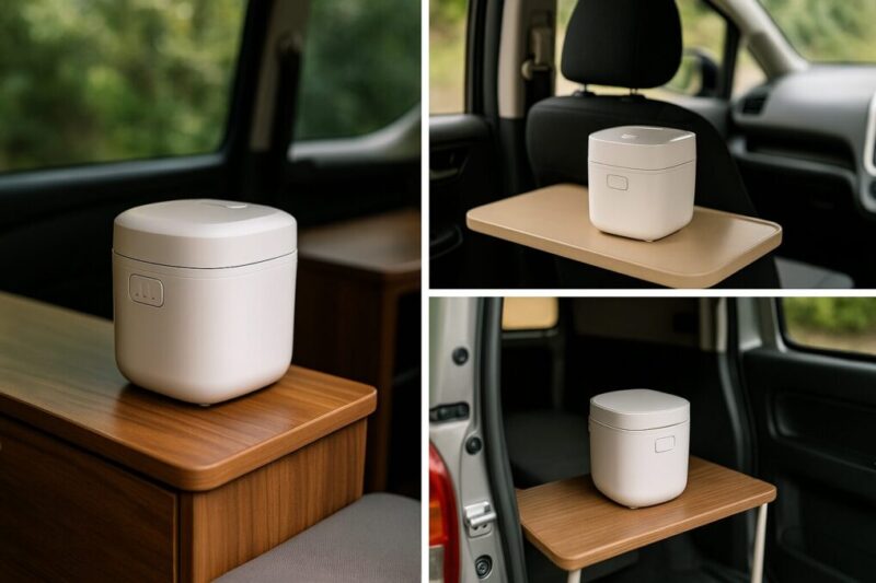 ハイエース・ミニバン・軽バンごとに炊飯器の置き場所を工夫したレイアウト例。