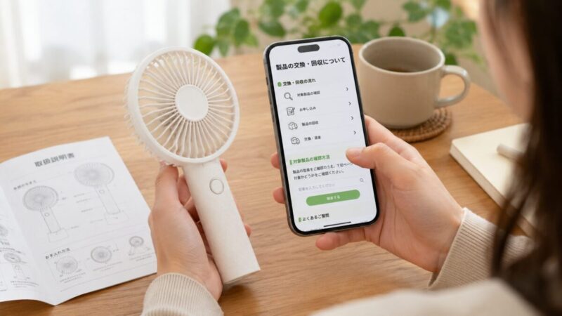 ハンディファン本体と説明書を見ながらスマホで交換や回収情報を確認している様子