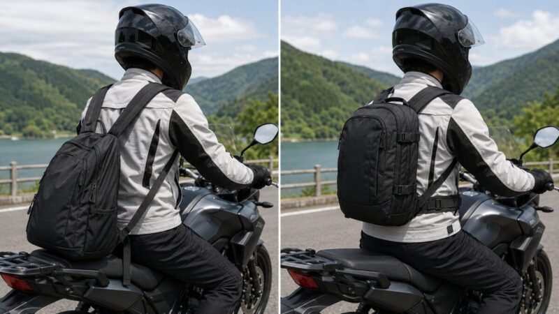 バイクにまたがったライダーが、リュックを低く緩く背負った例と体に密着させて安定して背負った例を比較している様子