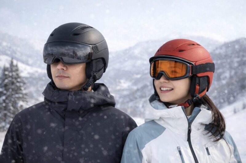 バイザー一体型ヘルメットとゴーグル＋ヘルメットを横並びで比較し、着脱のしやすさ・曇りやすさ・レンズ交換・収納性などの違いがひと目で分かるイメージ