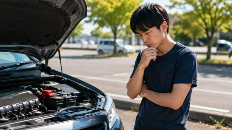 バッテリー上がりで自然回復するか迷いながら車のそばで考える様子