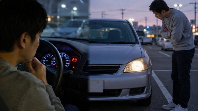 バッテリー警告灯やライトの異変に気づいて車を確認する様子